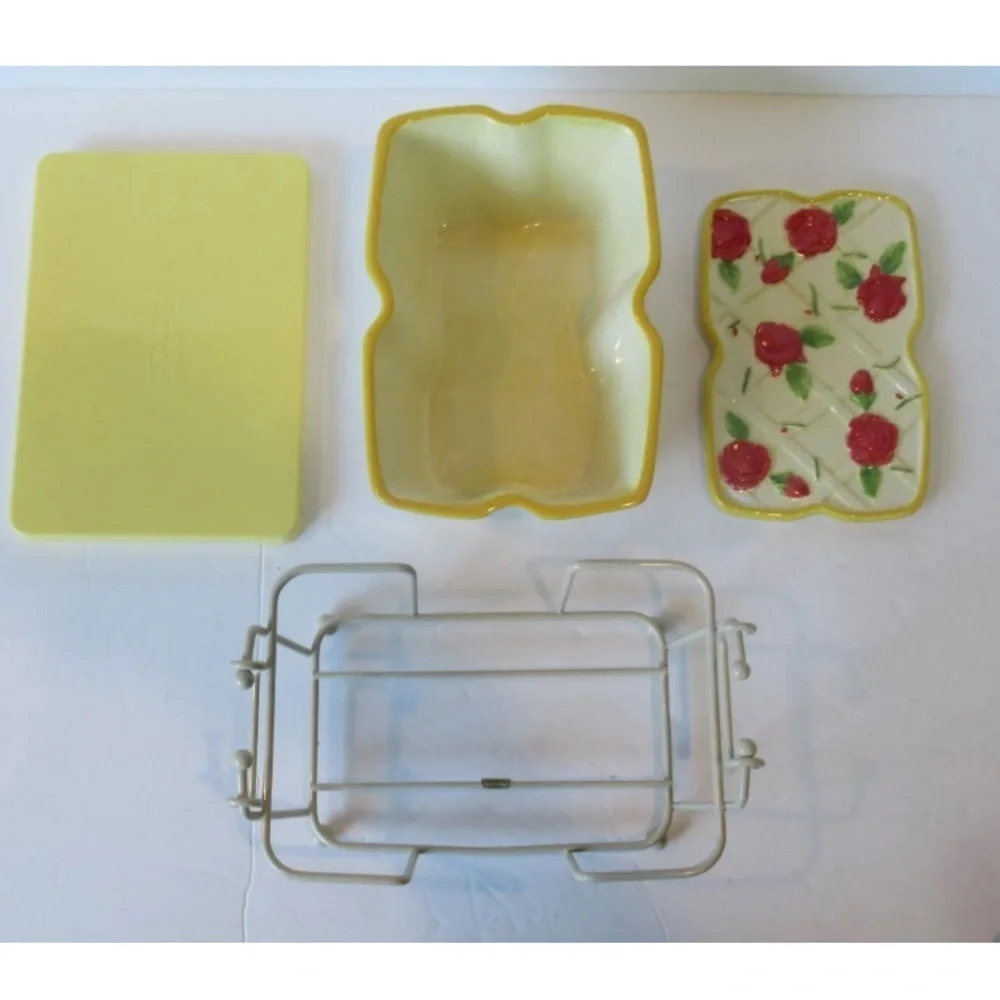 Yellow Old World Rose 8 Pc Set 2 Ceramic 1 QT Plates Lids Baskets